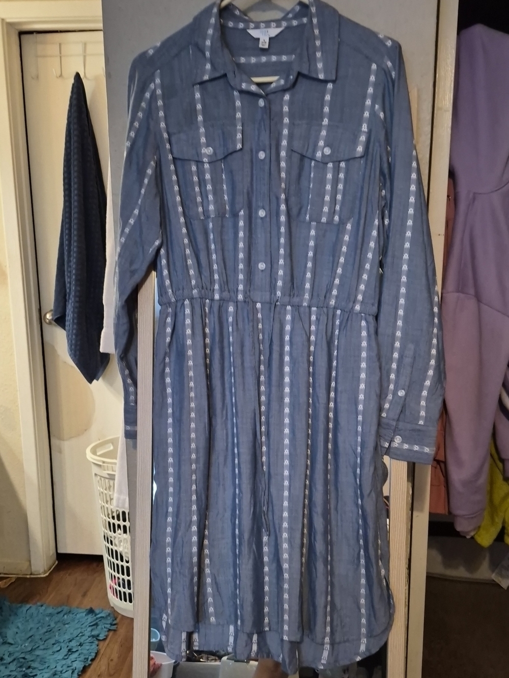 Blue Striped Button-Front Midi Dress